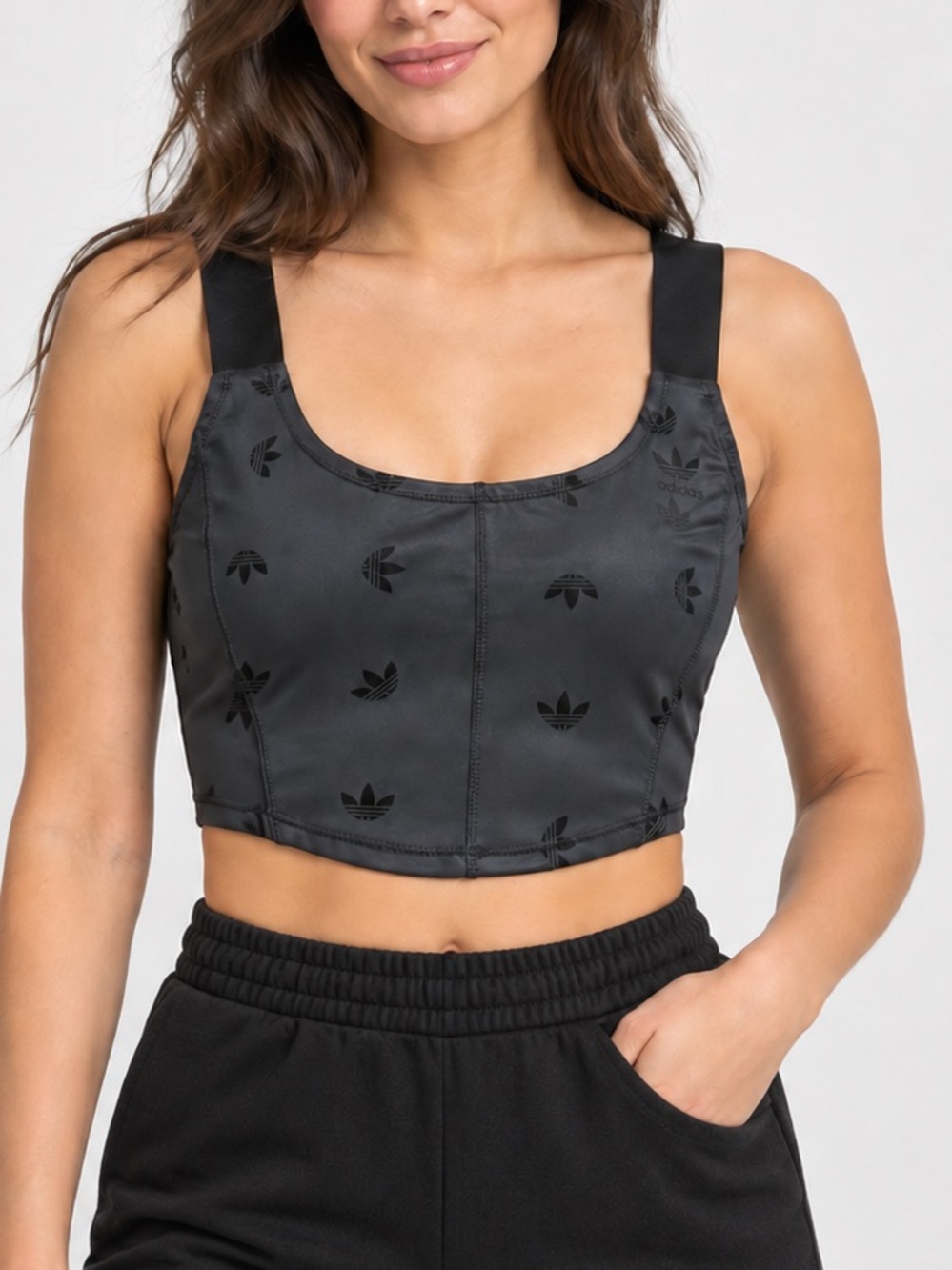 Adidas Originals Trefoil Corset Crop Top Black Size Medium